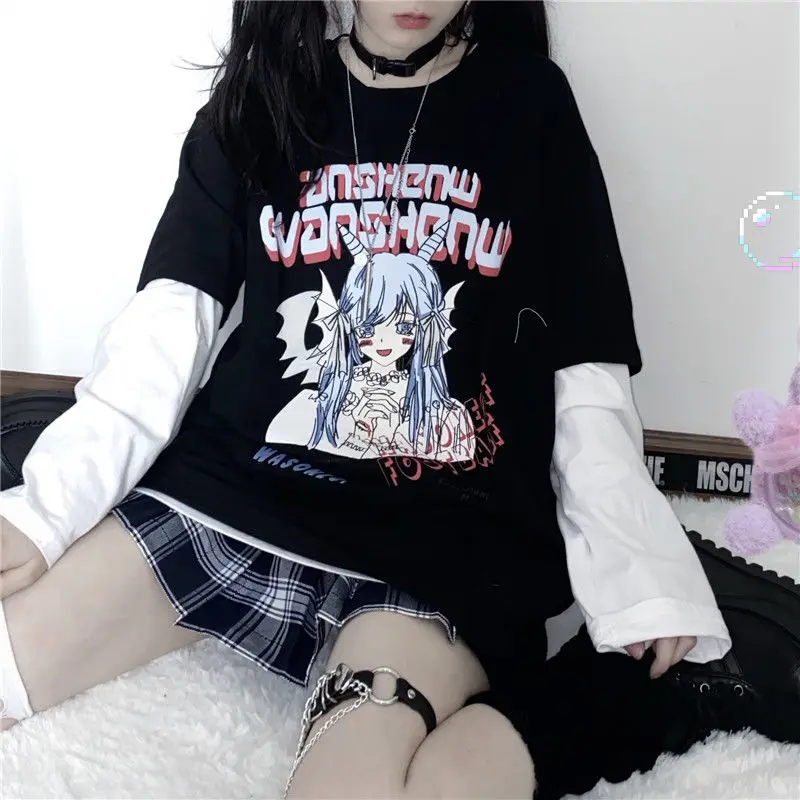

QWEEK Japanese Harajuku Anime T-shirt for Women 2021 Autumn Oversized Long Sleeve Tshirt Korean Style Cartoon Tee Top Patchwork