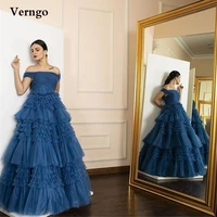 verngo dusty blue tulle ruffles layered skirt a line prom dresses off the shoulder sleeves floor length corset evening gowns