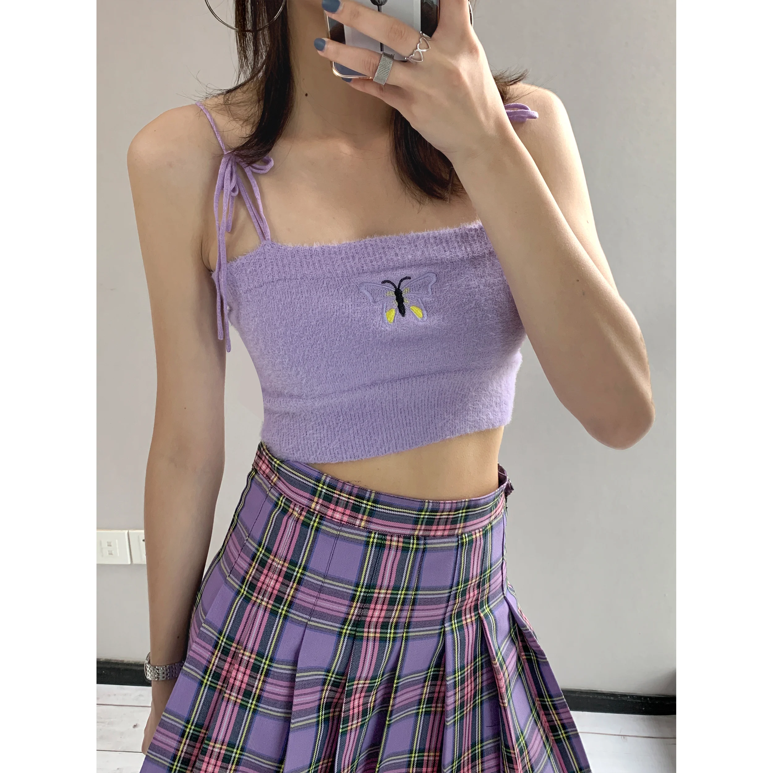 2021 summer butterfly embroidered T-shirt small sling French girl's corded open navel vest top women's fashion