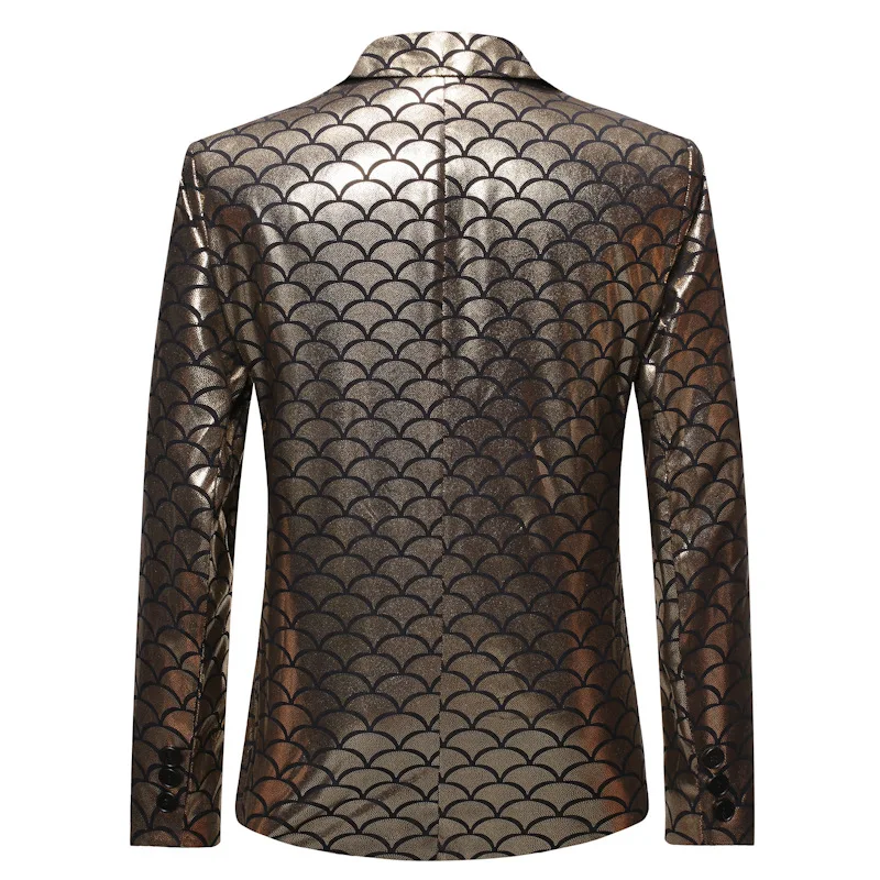 Блестящий золотистый блейзер с бронзовым принтом на одной пуговице для мужчин