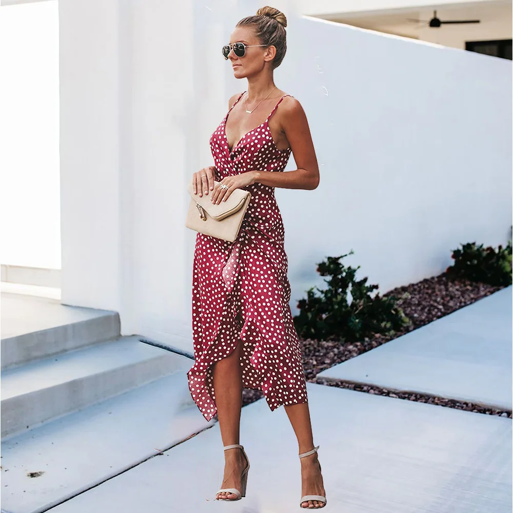 Женское повседневное пляжное платье в горошек без рукавов с открытой спиной