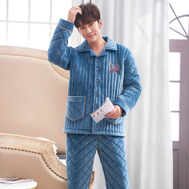 Winter Three Layers Quilted Pajamas Men Long Sleeved Coral Fleece Warm Soft Flannel Pyjamas Mens Lounge Solid Color Pajamas Set