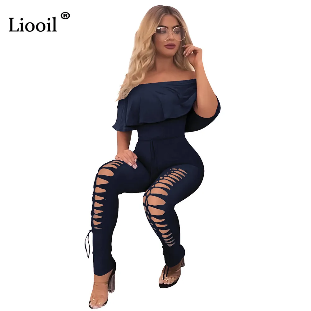Dark Blue Liooil, стиль, женские комбинезоны с рюшами, короткий рукав, вырез лодочкой, черный комбинезон с вырезами, сексуальные комбинезоны, белый комбинезон - Цвет: Dark Blue