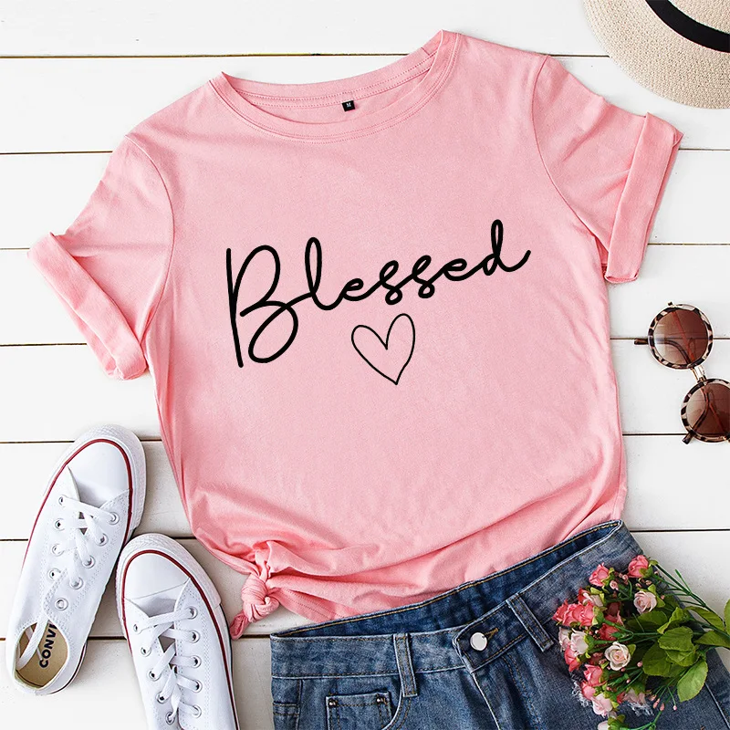 

Simple Summer Cotton T Shirt Blessed Letter Graphic Tees Short Sleeve Harajuku 5XL Plus Size T-Shirts Streetwear for Women