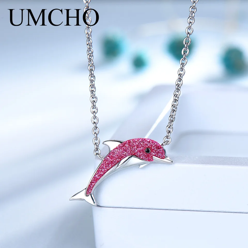 

UMCHO Glitter Dolphin 925 Sterling Silver Pink Necklace Pendants For Women Anniversary Birthday Gift Sea Style Fine Jewelry
