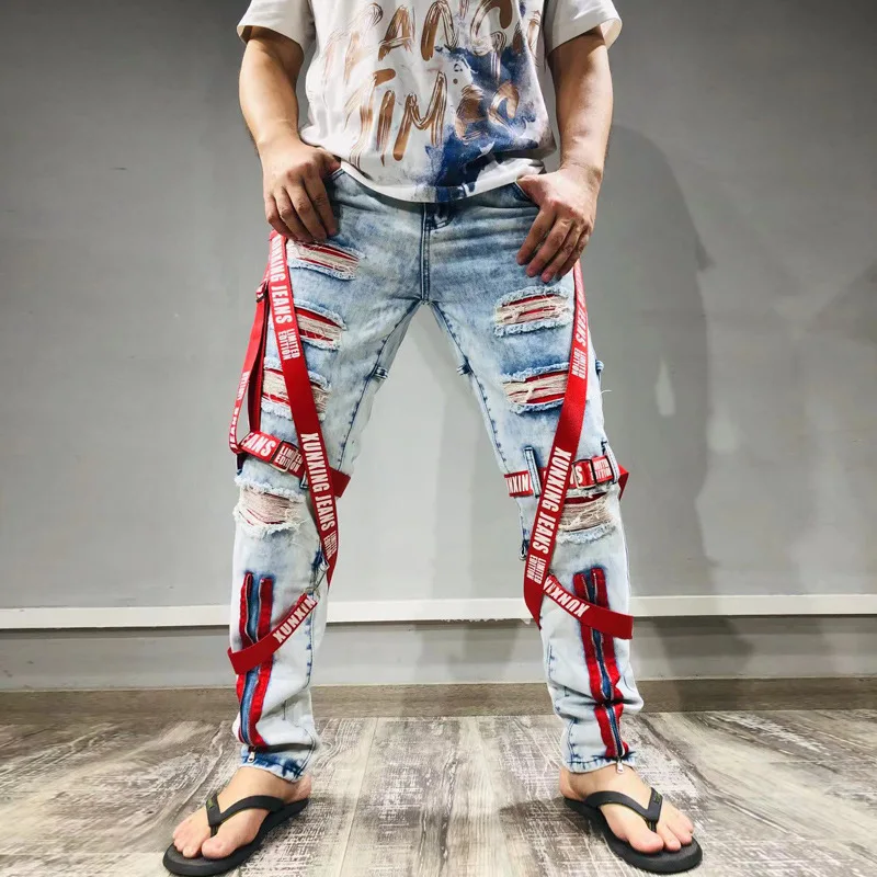 Autumn Personality Trend Slim-Fit Straight-Leg Jeans Men's Street Hip-Hop Ripped Fashion Young Men's Motorcycle Denim Trousers