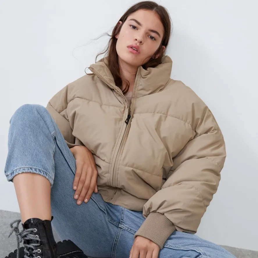 

Kalenmos Solid Color Parkas High Collar Short Loose Long Sleeves Zipper Placket Straight Lantern Sleeve Winter Clothes Women