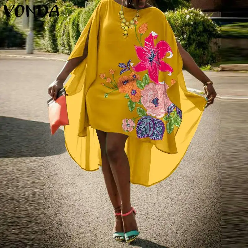 

VONDA Bohemian Asymmetric Hem Vintage Floral Printed Dress Women Sundress Casual O Neck Short Sleeve Dress Pleated Robe Oversize