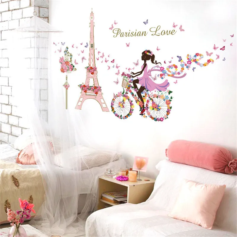 

Romantic paris Wall Sticker For Kids Rooms Eiffel Tower Flower Butterfly Fairy Girl Riding Wall Art Decal Home Decor Mural