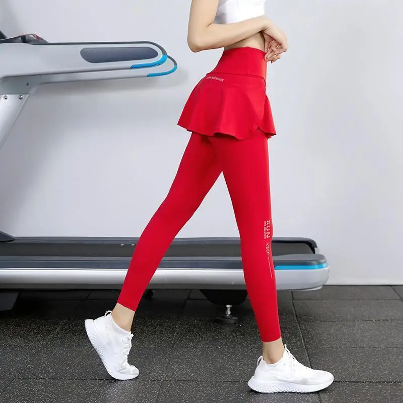 High Waist Legging Nylon Elasticity Gymwear Workout Running Activewear Yoga Pant Hip Lifting Trainning Fake Two Skirt + Pants