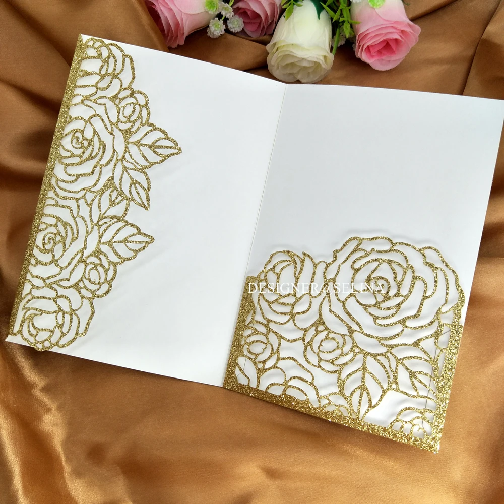Роскошные блестящие карманные приглашения на свадьбу с лазерной резкой и rсвп 30 +