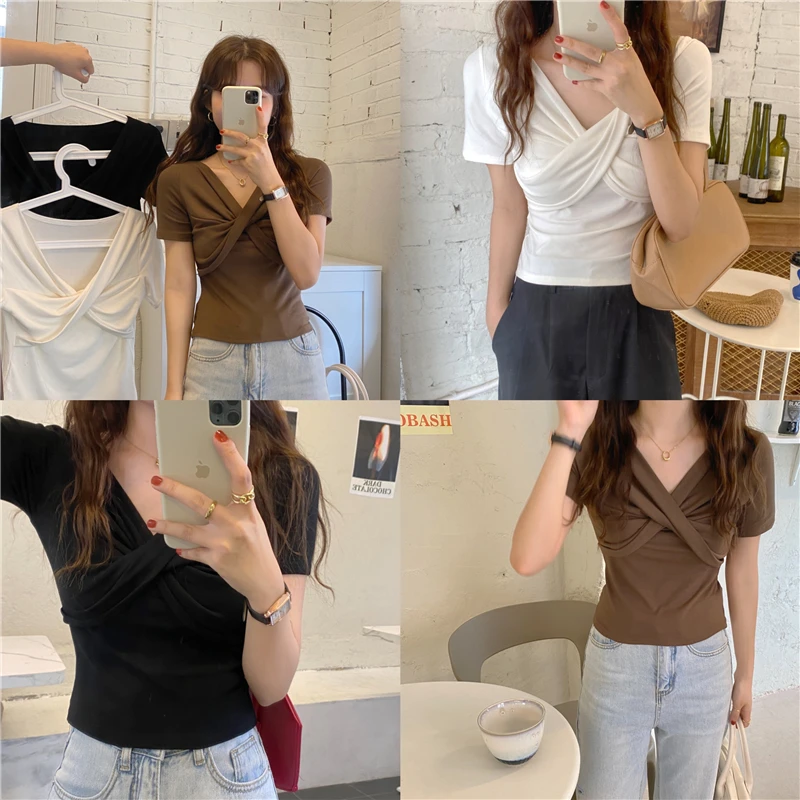 

Slim T Shirts Summer Style Women's Clothing V-neck Crop Top Fashion Brand Ladies Ins Hipster Korean Clothes Female Tees New