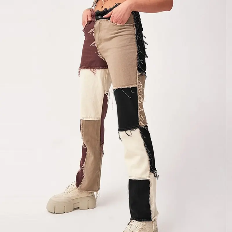 Джинсы женские прямые в стиле пэчворк с высокой талией и карманами|Прямые джинсы|