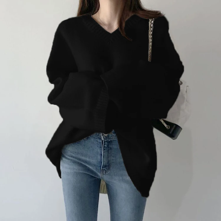 

New 2021 Autumn Winter Women's Sweaters Pullover V-Neck Oversized Elegant Vintage Korean Knitted Lady Tops