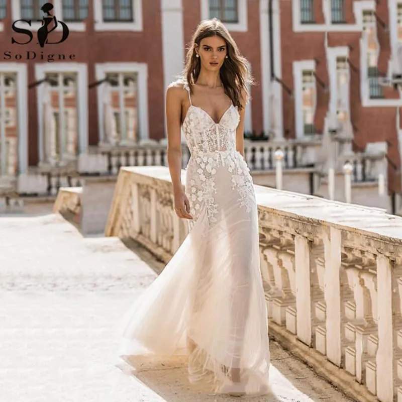 

Wedding Dresses Boho Sexy Backless Soft Tulle Lace Beach Bridal Dress Custom Made A-Line Wedding Gown Plus Size Custom Made