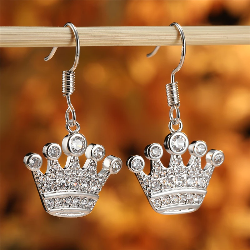 

Vintage Female White Zircon Drop Earrings Dainty Silver Color Wedding Earring Cute Crystal Queen Crown Dangle Earrings For Women
