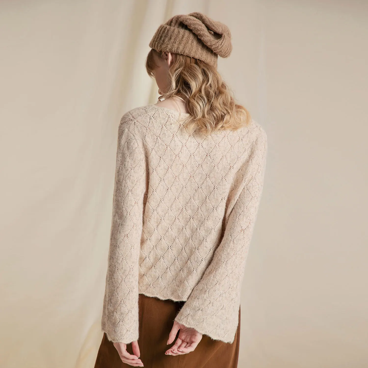 

Bell Sleeve Crochet Knit Tops Women Vintage Wool Blended V Neck Eyelet Sweater