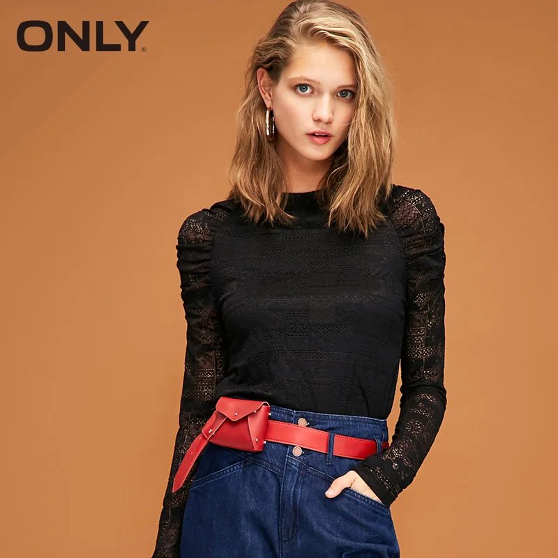 ONLY Осень Плиссированные Длинные рукава выдалбливают круглый воротник футболка