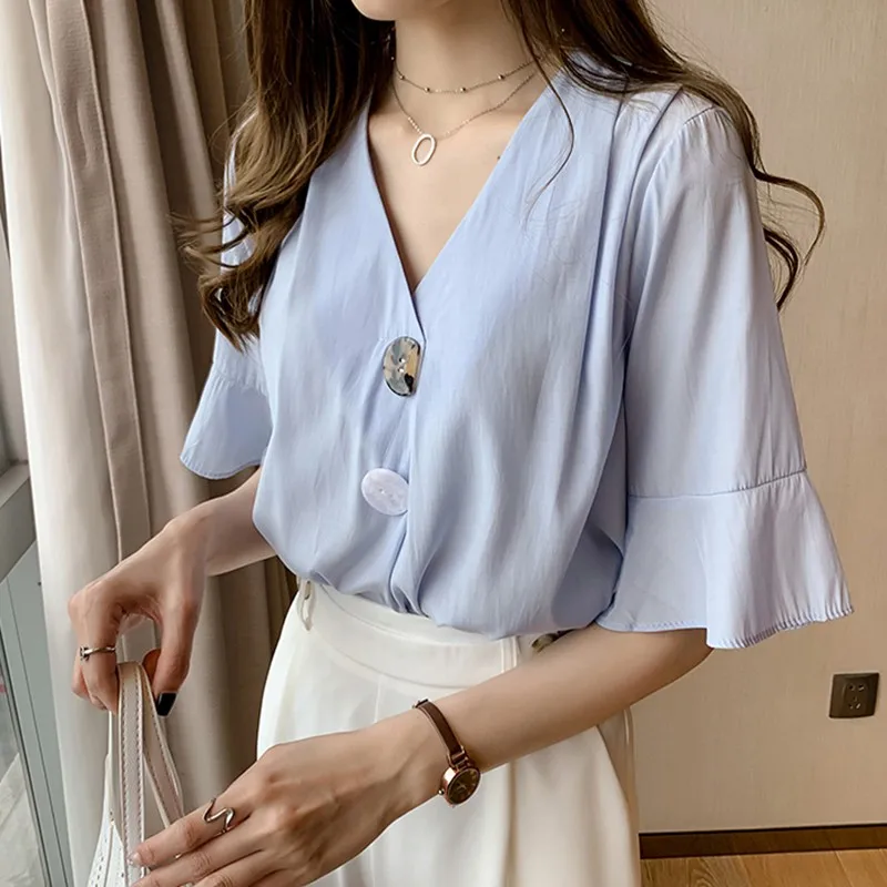 

2019 Women Fashion Chiffon Blouse V Neck Short Sleeve Beach Button Shirts Summer Casual Loose Tops