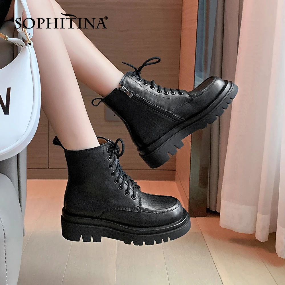 

SOPHITINA Ankle Women Boots Motorcycle Casual All-Match Genuine Leather Boots Platform Cross-Tied White Fashion Lady Shoes FO673