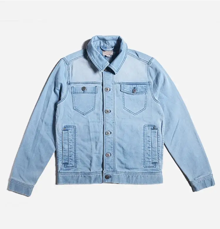 

2021 light blue turn down collar single breasted pockets jean for men Stretch denim casual jacket male