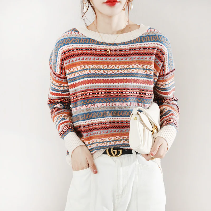 

Женский пуловер с круглым вырезом, свободный Жаккардовый трикотажный свитер в стиле ретро, Осень-зима 2022