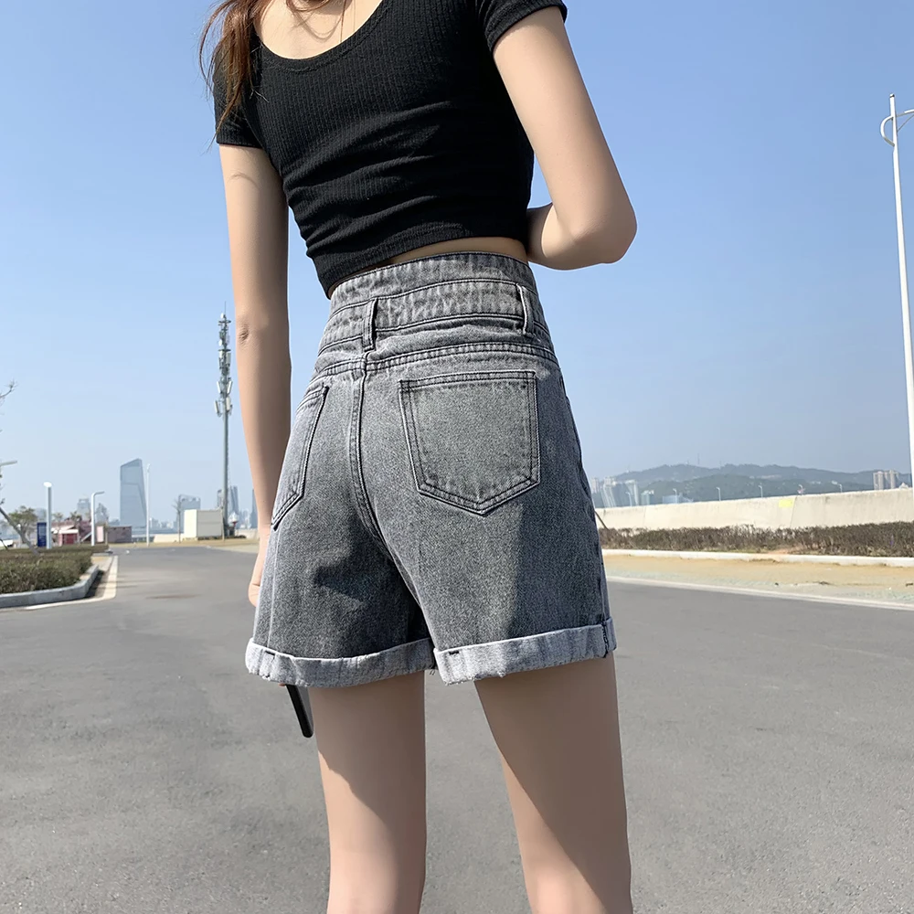 

White gray Denim Shorts with High Waist Classic Casual 2021 Black Summer Vintage Women's Denim Shorts Plus Size for Women