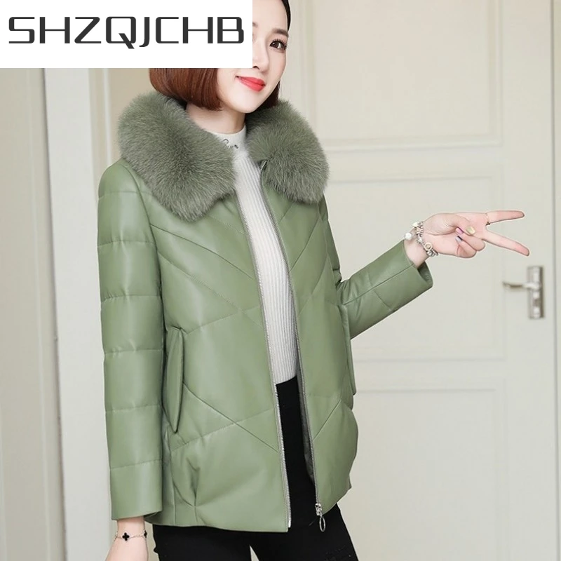 

JCHB 2021 Winter Women Genuine Leather Down Jacket Loose Fit Ladies Sheepskin Fox Fur Collar Warm Outerwear Coat White Duck Down