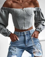 2021 fall new blouses women off shoulder zip top