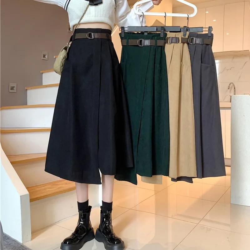 

Brushed Irregular Mid-length Skirt Early Autumn Korean Style Was Thin and Versatile High-waisted Skirt with Belt