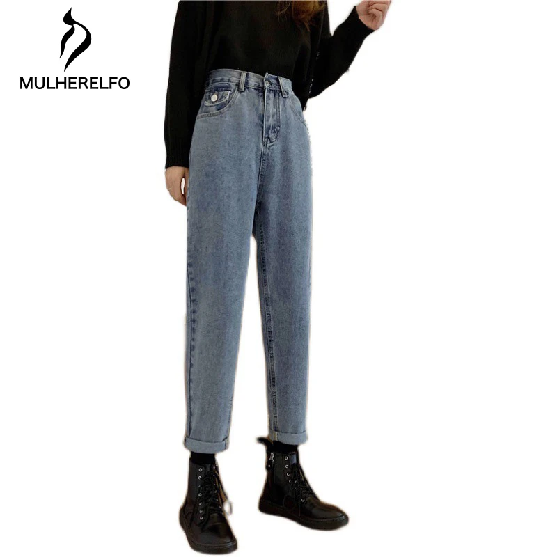 

High Waist Light Blue Pocket Ladies Straight Jeans Pants Autumn Slim All-Match Female Jean Pants Korean Loose Women's Pants