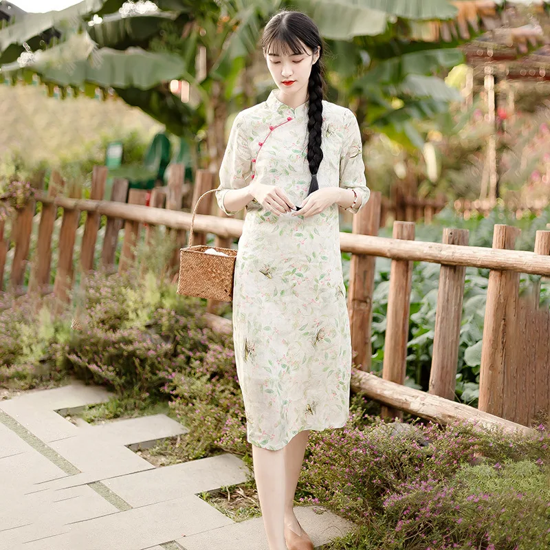 New Style Women's Literary Retro Ethnic Style Pure Ramie A-Line Loose Dress Improved Cheongsam Dress 13059