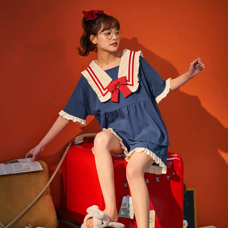 Женский пижамный комплект с бантом летняя одежда для сна коротким рукавом и