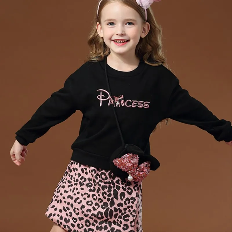 3PCS/Set New Autumn&Spring Leopard Clothing Set For Baby Girl Kids Black Top+Leopard Skirt+Bag Leopard Clothing Set