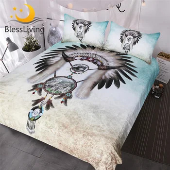 BlessLiving Wolf Dreamcatcher Bedding Set Feather Beads Boy Western Bedclothes 3 Piece Gray Teal Blue Duvet Cover 1