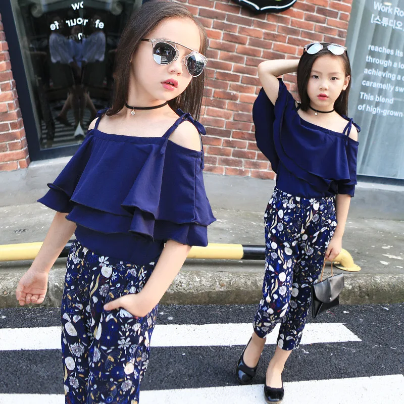 

Girls Summer Suit Children's Casual Strapless Chiffon Sling Floral Pants Two-Piece Kid Fashion Clothes GT17