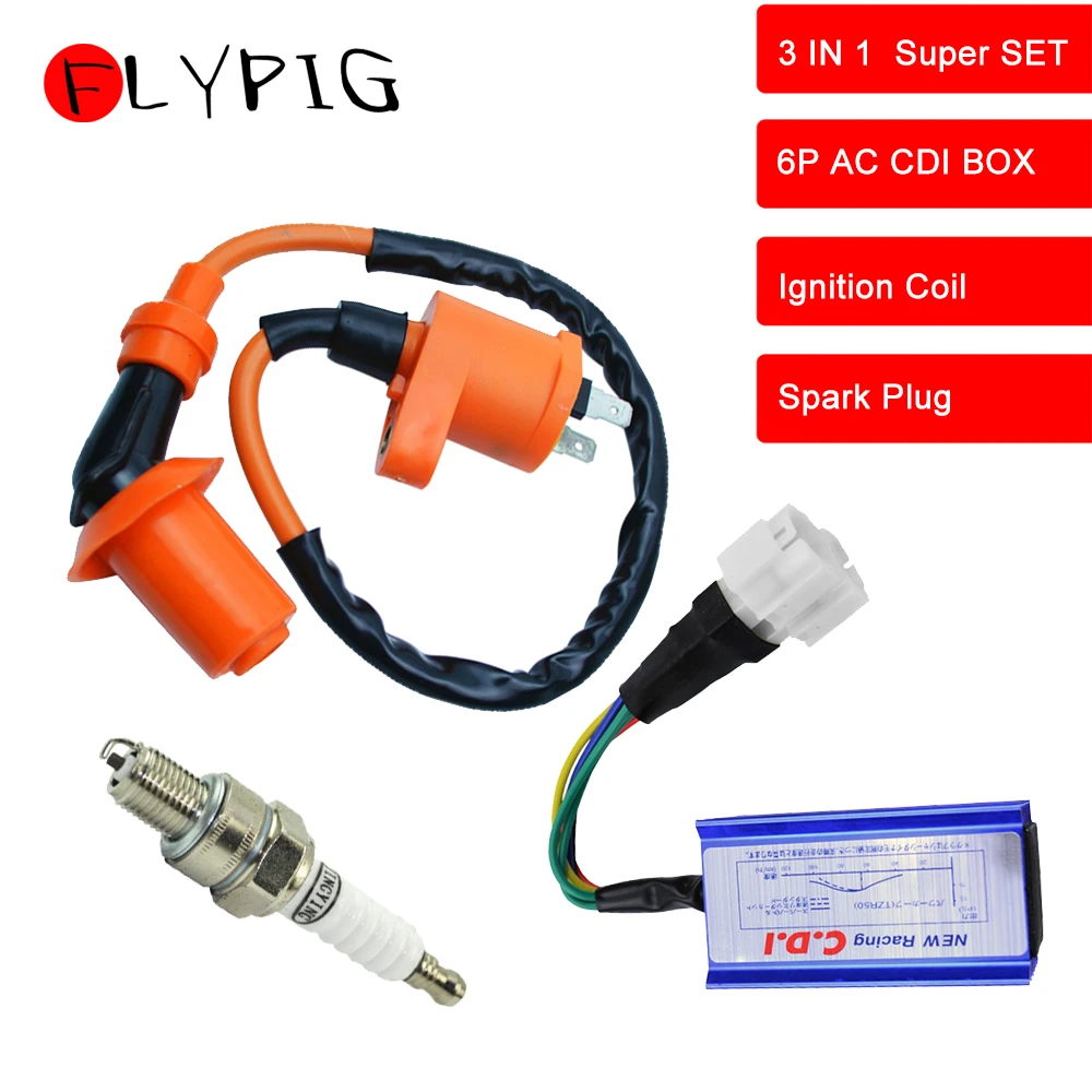 

High Performance Racing GY6 Ignition Coil + A7TC Spark Plug + 6 Pin AC CDI For 50cc - 125cc 150cc Scooter Moped ATV 3Pcs
