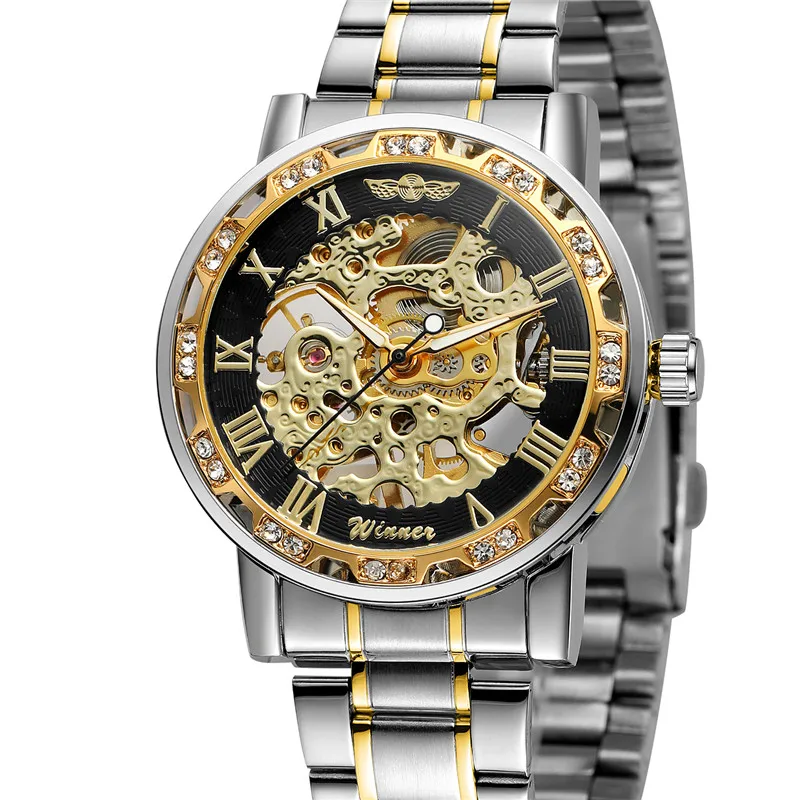 

WINNER Top brand Luxury Diamond Luminous Gear Movement Men elegant Male steel clock Mechanical Skeleton Wrist watch