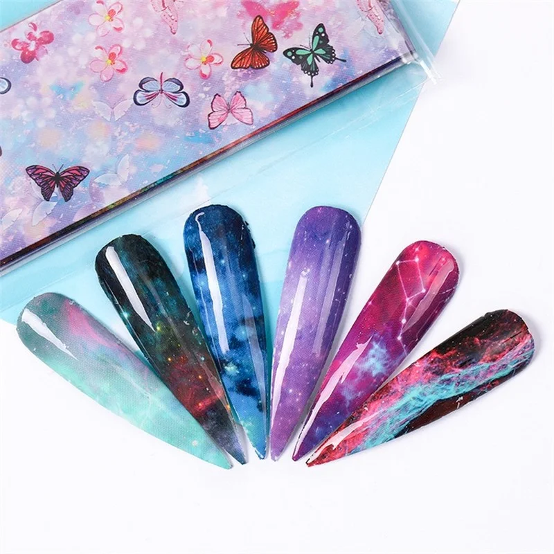 10pcs Colorful Butterfly Starry Sky Nail Stickers Holographic Wraps Slider Pure-Pattern Nailart DIY Transfer Foil Manicure Decor
