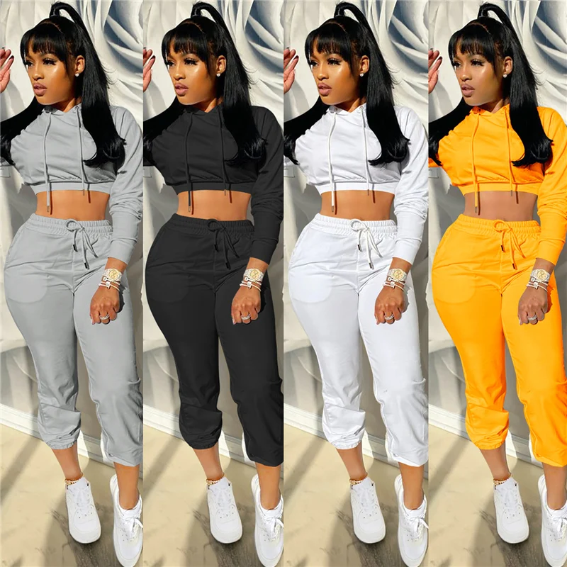 

2021 Autumn Solid Casual Long Sleeve Two Piece Sets Women Pullover hoodie Tops And Pants Tracksuits Female Sportswear Outfits