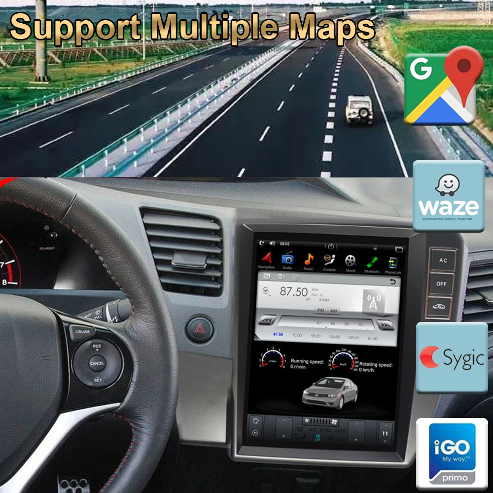 Вертикальный Автомобильный GPS-навигатор в стиле Tesla Android 9 0 для HONDA CIVIC с левым