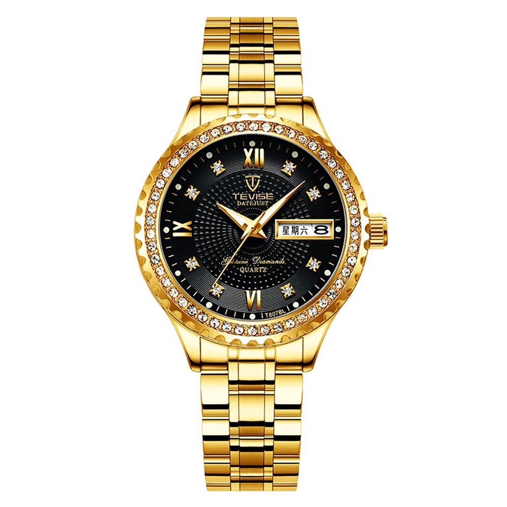 Gold Black TEVISE T807BL кварцевые часы для женщин водонепроницаемые наружные ночные циркониевые украшения браслет из нержавеющей стали минеральные женские наручные часы - Цвет: Gold Black