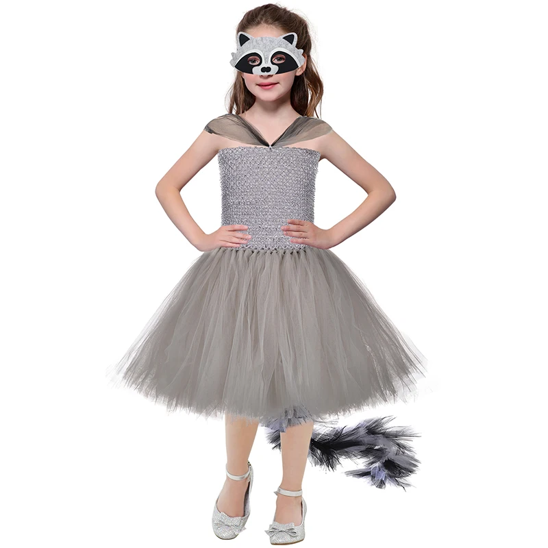 Raccoon Animal Role Play Costume With Mask Girls Superhero Fox Birthday Tutu Dress and Long Feather Tail For Halloween Holidays | Детская