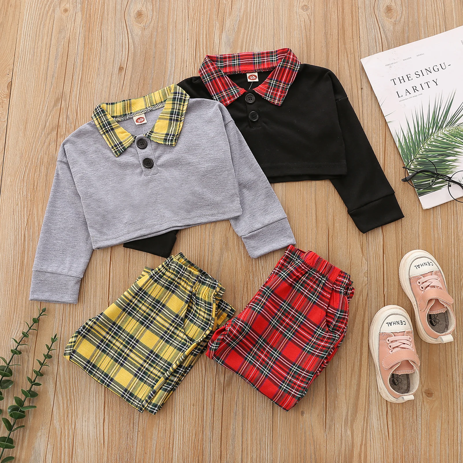 

1-6 Years 2pcs Kids Autumn Tracksuit, Shirt-neck Long Sleeves Crop Tops + Plaid Elastic Waist Pants for Girls,