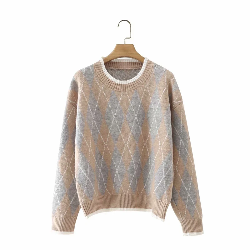 

Diamond Pattern Knitted Sweater Women Loose O-Neck Pullovers Chic Long Sleeve Warm Jumper Elegant 2021 Autumn Knitting Tops