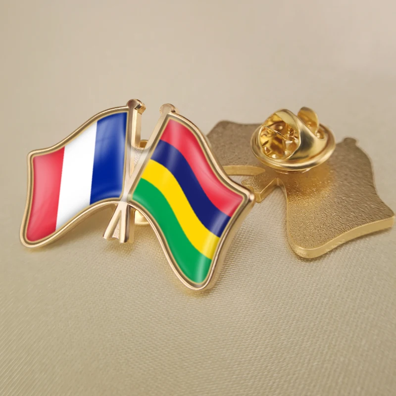 

France and Mauritius Crossed Double Friendship Flags Lapel Pins Brooch Badges