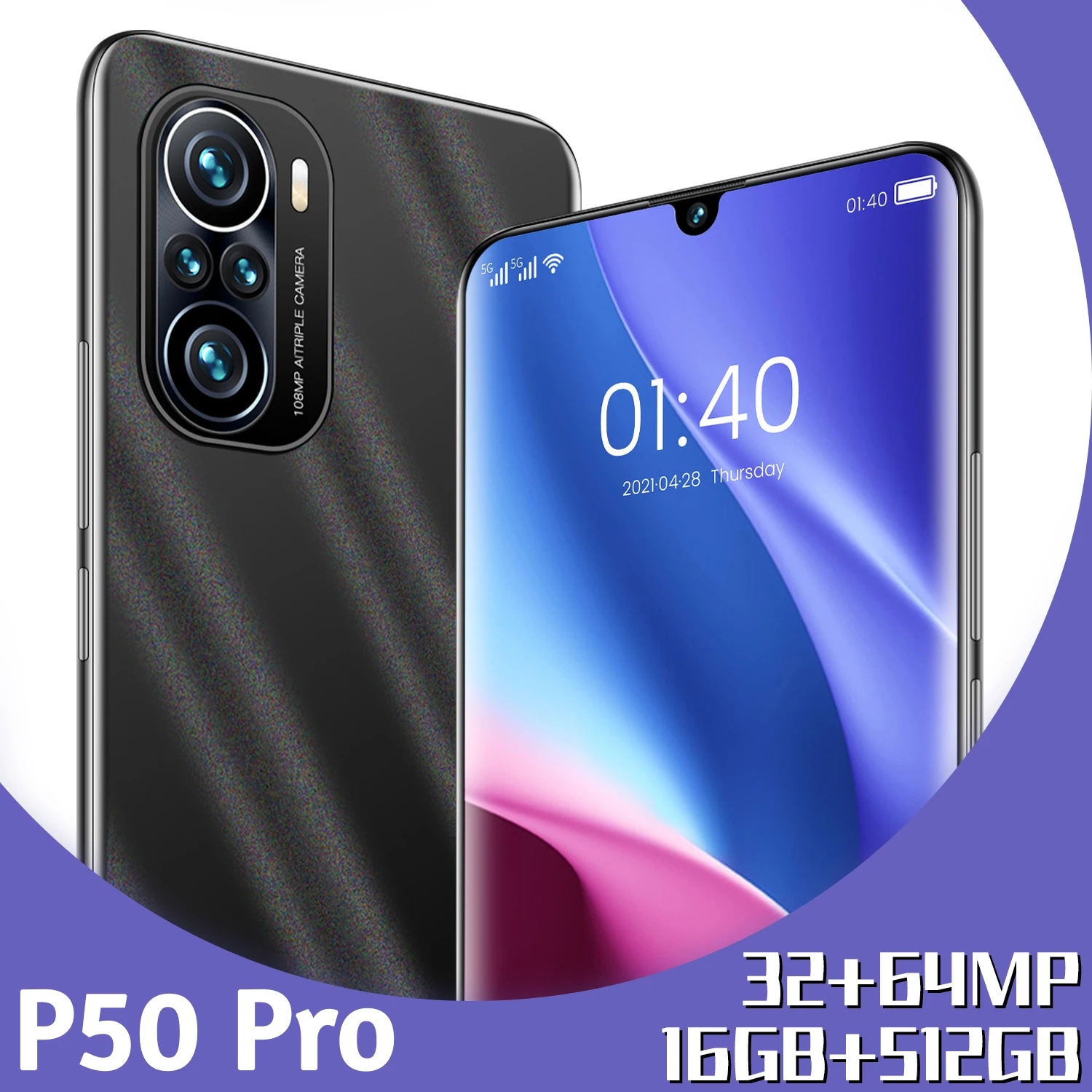 

Global Version Galaxy P50 Pro 6.3Inch SmartPhone 16+512G Android 6000Mah Lithium-ion Big Battery CellPhone 32MP+64MP Camera
