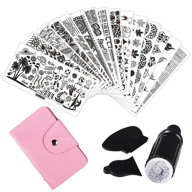 

15Pcs Flower Leaf Butterfly Nail Stamping Plate Set Geometric Line Nail Art Plate 1 Nail Stamper With 2 Scraper+Pink Storage Bag