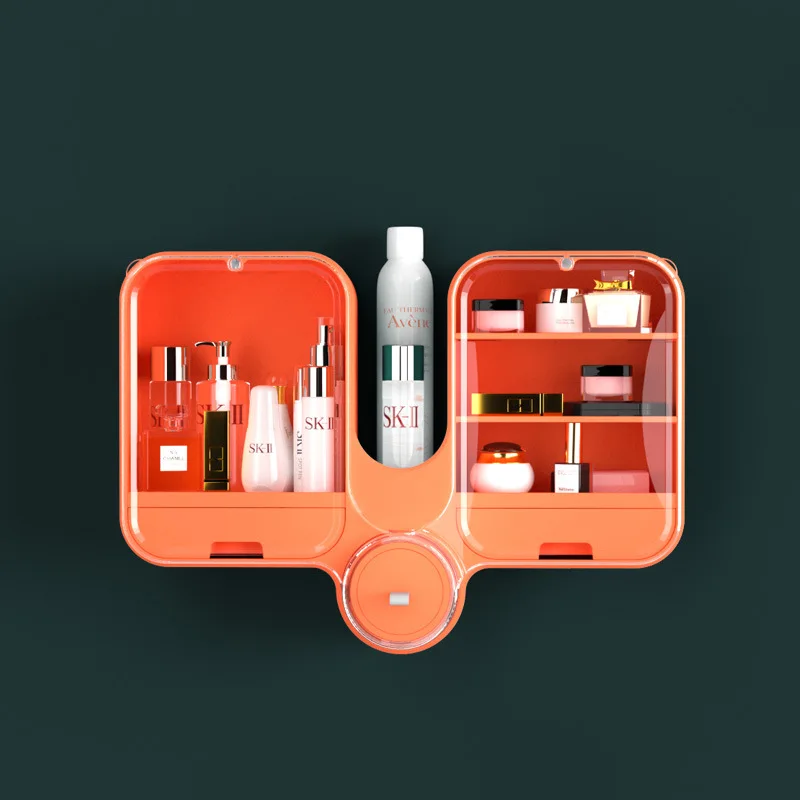 

Cosmetic storage box wall mounted non punching dust proof household large capacity toilet wall hanging bathroom shelf