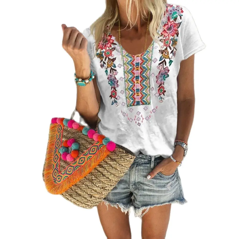 

New Design Good Quality Factory Price Fashion Hot Selling Women's Loose Ethnic Print Round Neck Short-Sleeved Shirt